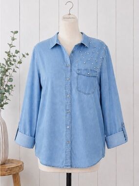 Given Kale Pearl-Embellished Denim Button-Up Shirt Size XL
